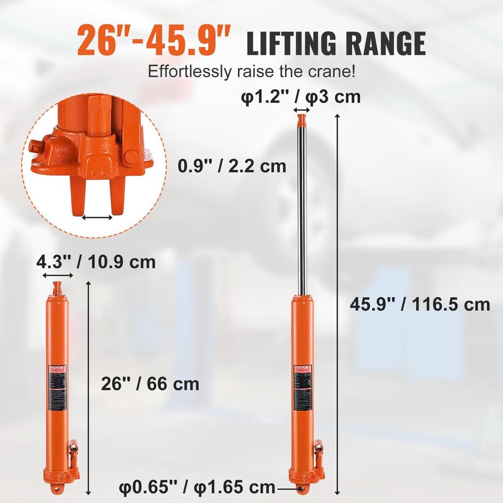 Hydraulic Long Ram Jack, 8 Ton Engine Hoist Cylinder with Single Piston Pump And Clevis Base, Hydraulic Ram Cylinder for Engine Lift Hoists, Hydraulic