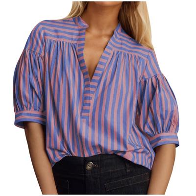 Women's Shirt Casual Striped Patchwork V-Neck Tops Women