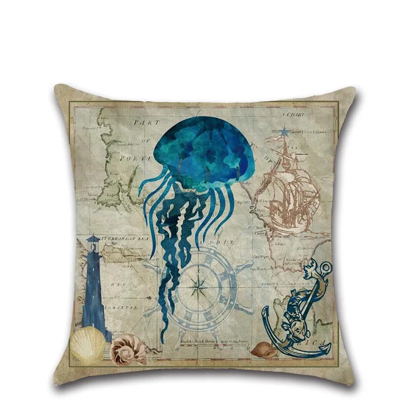 Sea Turtle Nautical Mermaid Pattern Cotton Linen Throw Pillow Cushion Cover Car Home Decoration Sofa Decorative Pillowcase 40018