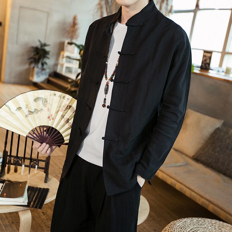 Men's Chinese-Style Long-Sleeve Linen Shirt with Stand-Up Collar - Retro Casual Top