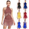 Womens Latin Dance Leotard Sparkly Rhinestone Tassel Mesh Patchwork Back Hollow Out Bodysuit Performance Costume