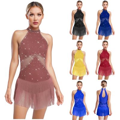 Costum Leotard Strălucitor cu Strass și Franjuri pentru Dans Latin Feminin, Plasă Cusută, Spate Decupat, Piesă Unică