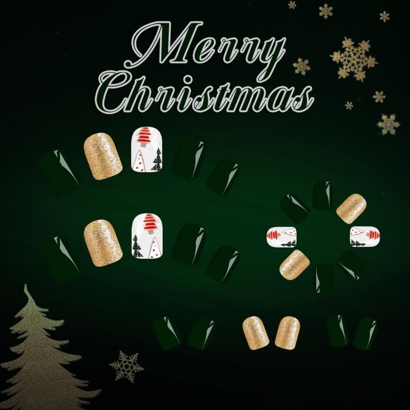 24Pcs Christmas Press On Nail Glittering Green Gold Design Fake Nail for Parties Christmas Theme Salon Quality