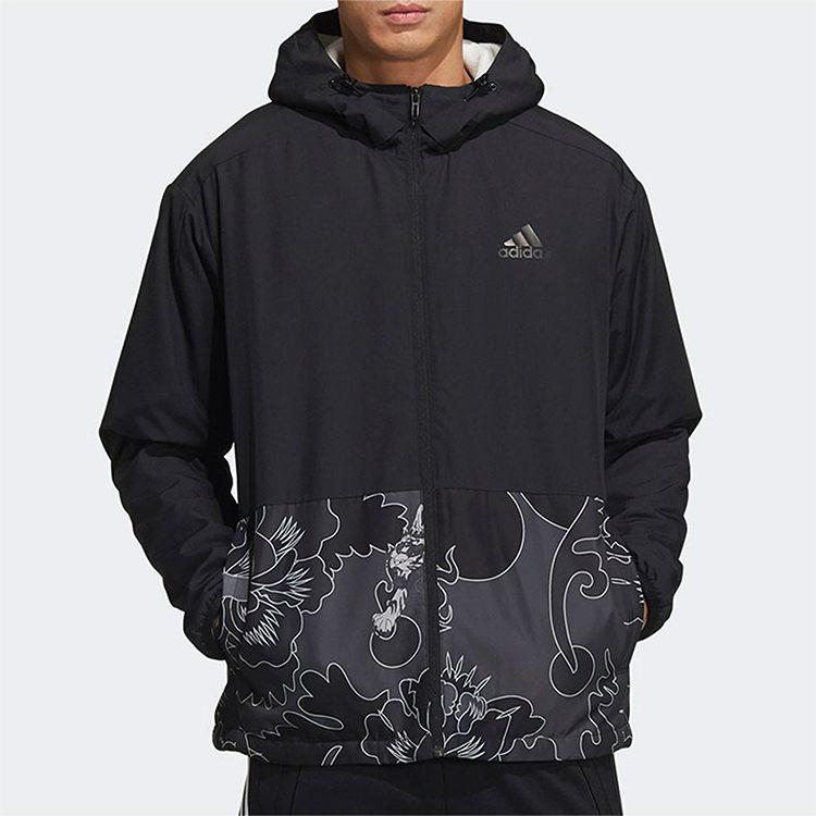 Adidas Aop Block Multicolor Windproof Fleece Lined Thermal Hooded Jacket Men's Black GT6484