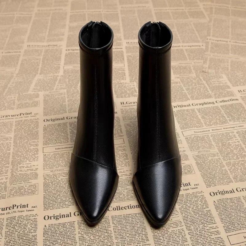 Spring Sexy Chelsea Boots Pointed Tip Thick Heel Back Zipper Middle Follow Women Shoes New Microfiber Leisure Comfortable Smooth