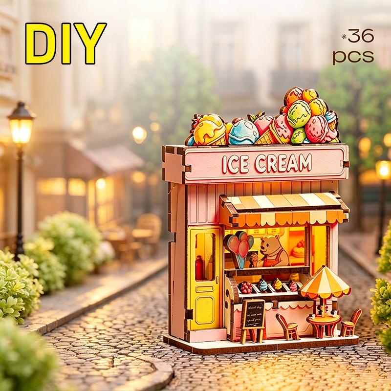 DIY 3D Wooden Mini House Puzzle Toy Fridge Magnet Handmade Animals Shop Creative Assembly Model Kit Home Decor Gifts for Friends