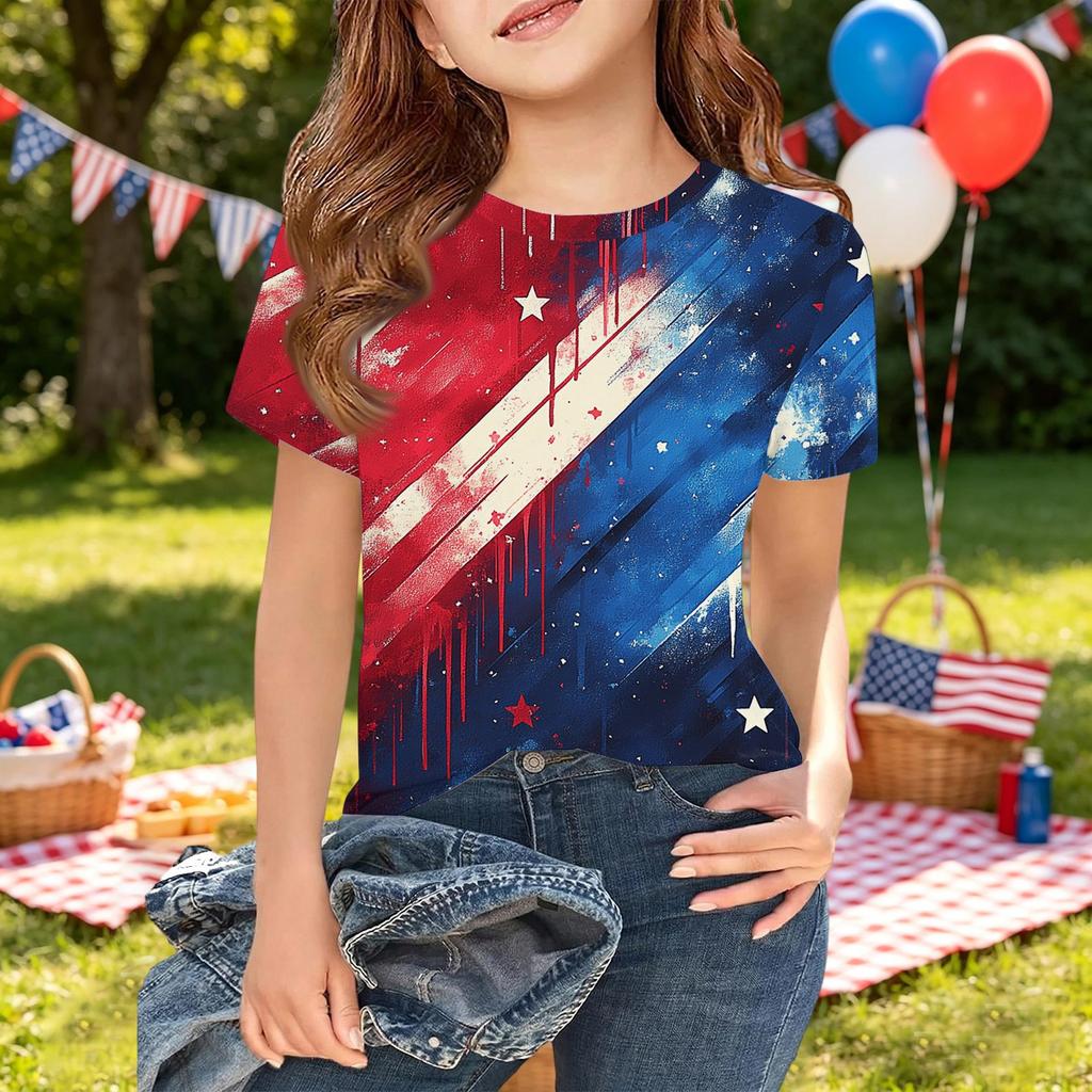 Girls Short Sleeve T Shirt Independence Day Printed Top Star Pattern Casual Tee Shirt for Kids Comfortable Fit Soft Fabric