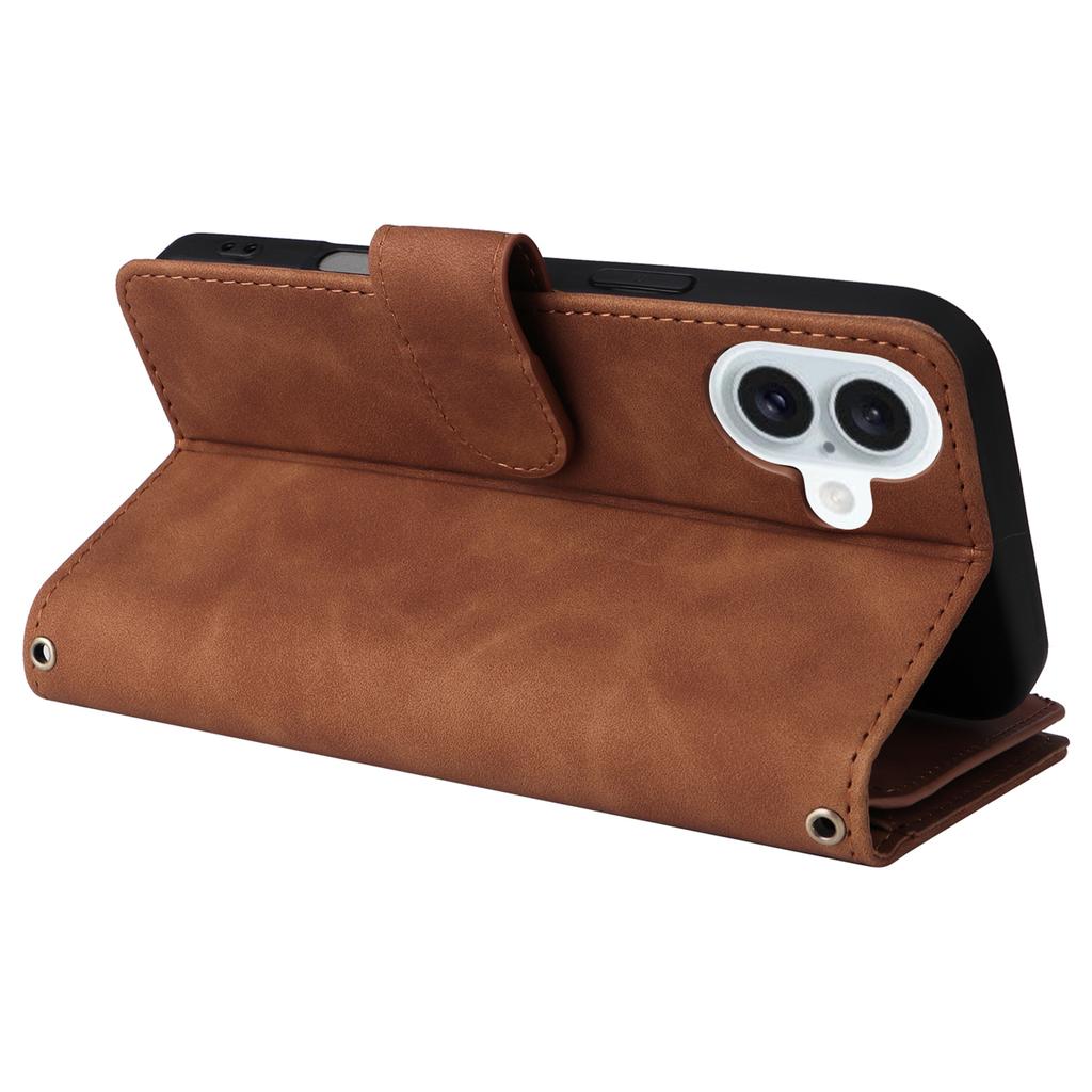 For iPhone 16 Plus Case Zipper Pocket PU Leather Wallet Phone Stand Cover with Strap