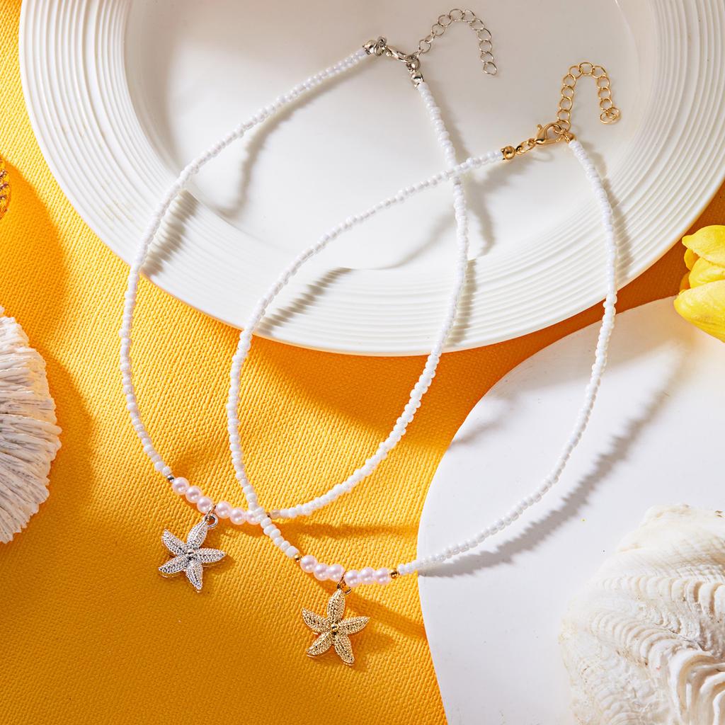 Bohemian Starfish Pendant Pearls Bead Necklace Adjustable Length Portable Jewelry for Beach Vacation and Parties