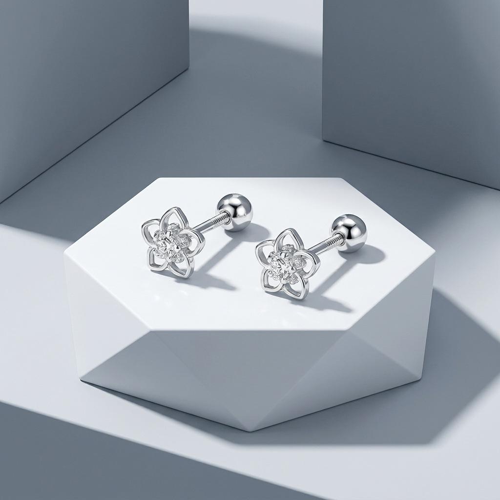 S925 Silver Gold Rhodium Plated Hollow Five Petal Flower Stud Earrings Women's Simple Niche Zircon Minimalist Cross-border