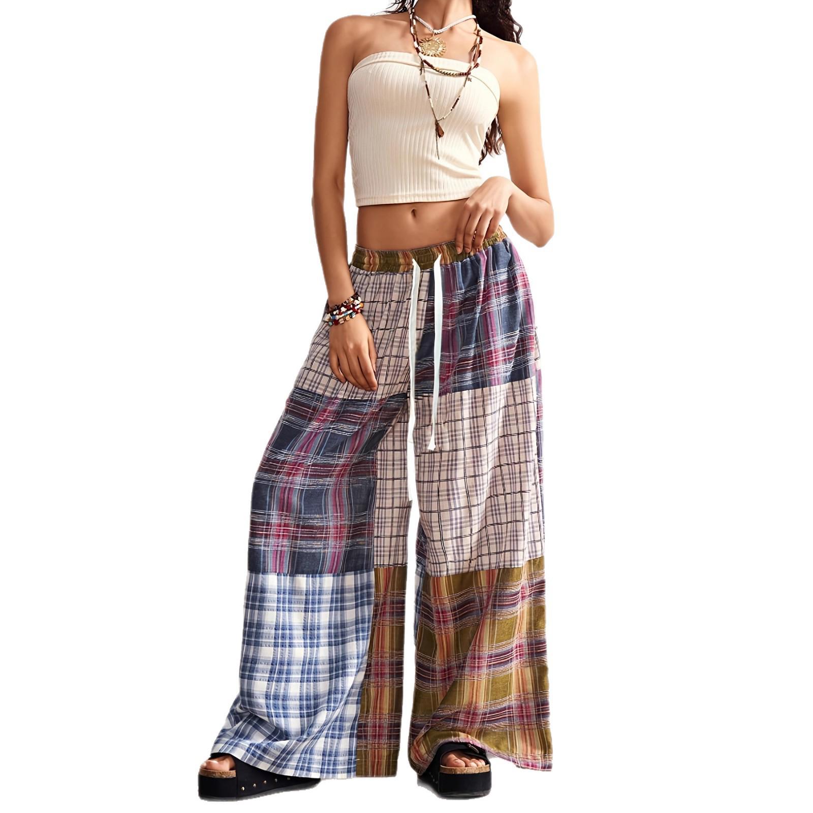 

In Stock: Women s Spring/Summer Color Block Plaid High Waist Wide Leg Pants 3XL peacock синього кольору