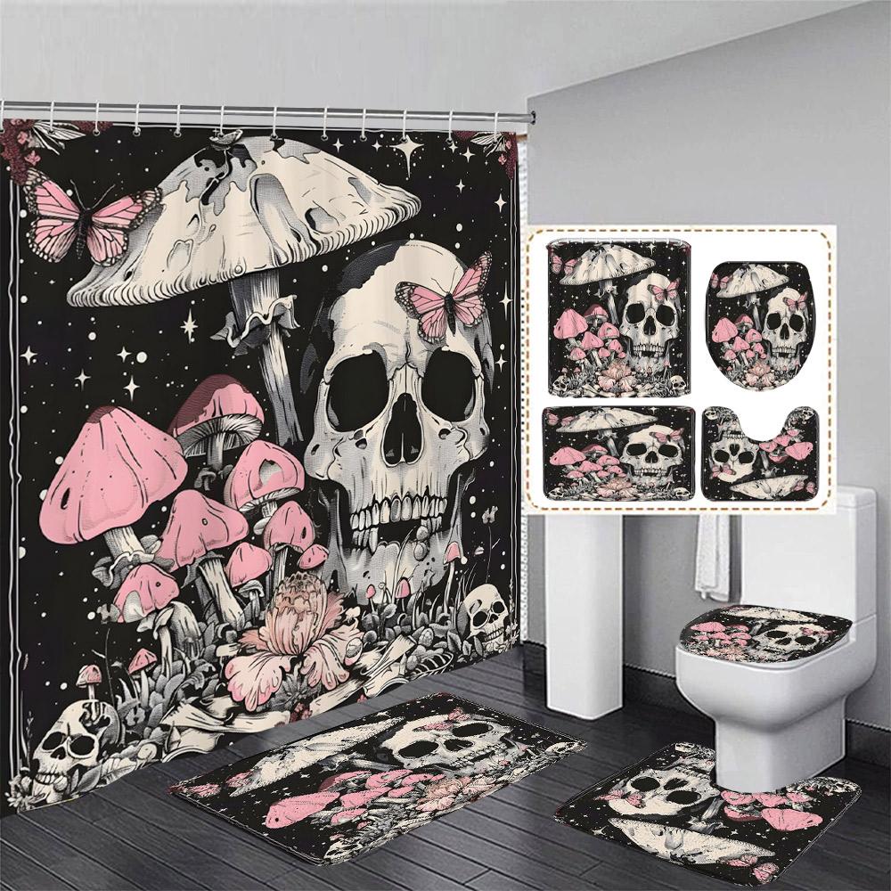 Floral Skull Shower Curtain Set Butterfly Moth Pink Mushroom Flower Skeleton Halloween Home Bathroom Decor Bath Mat Toilet Cover