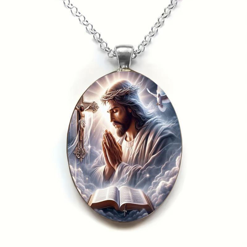 

Винтажная подвеска-ожерелье со сценой Иисусовой молитвы, стеклянная подвеска с крестом, ожерелье из нержавеющей стали для мужчин и женщин