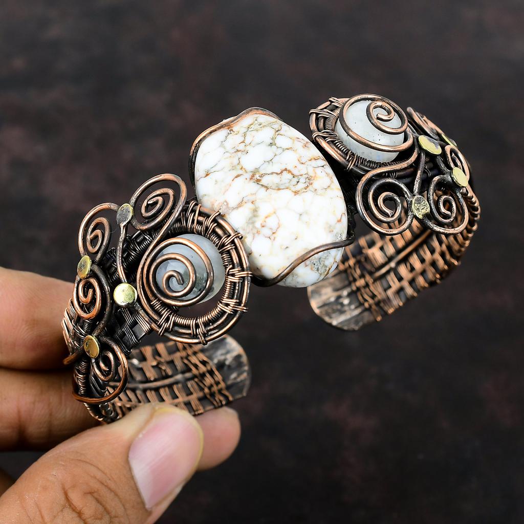 Wild Horse Magnesite Cuff Bracelet Rainbow Moonstone Bangle Copper Wire Wrapped Adjustable Bangle Handmade Gemstone Bracelet Copper Jewelry