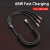 66W USB Type C Cable Three In One spring Data Cable Fast Charging Cable For iPhone Huawei Xiaomi Samsung Mobile Phone Wire Cord