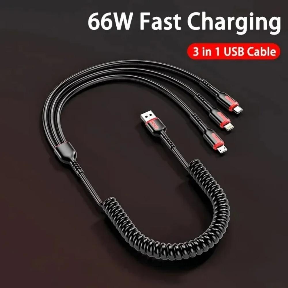66W USB Type C Cable Three In One spring Data Cable Fast Charging Cable For iPhone Huawei Xiaomi Samsung Mobile Phone Wire Cord