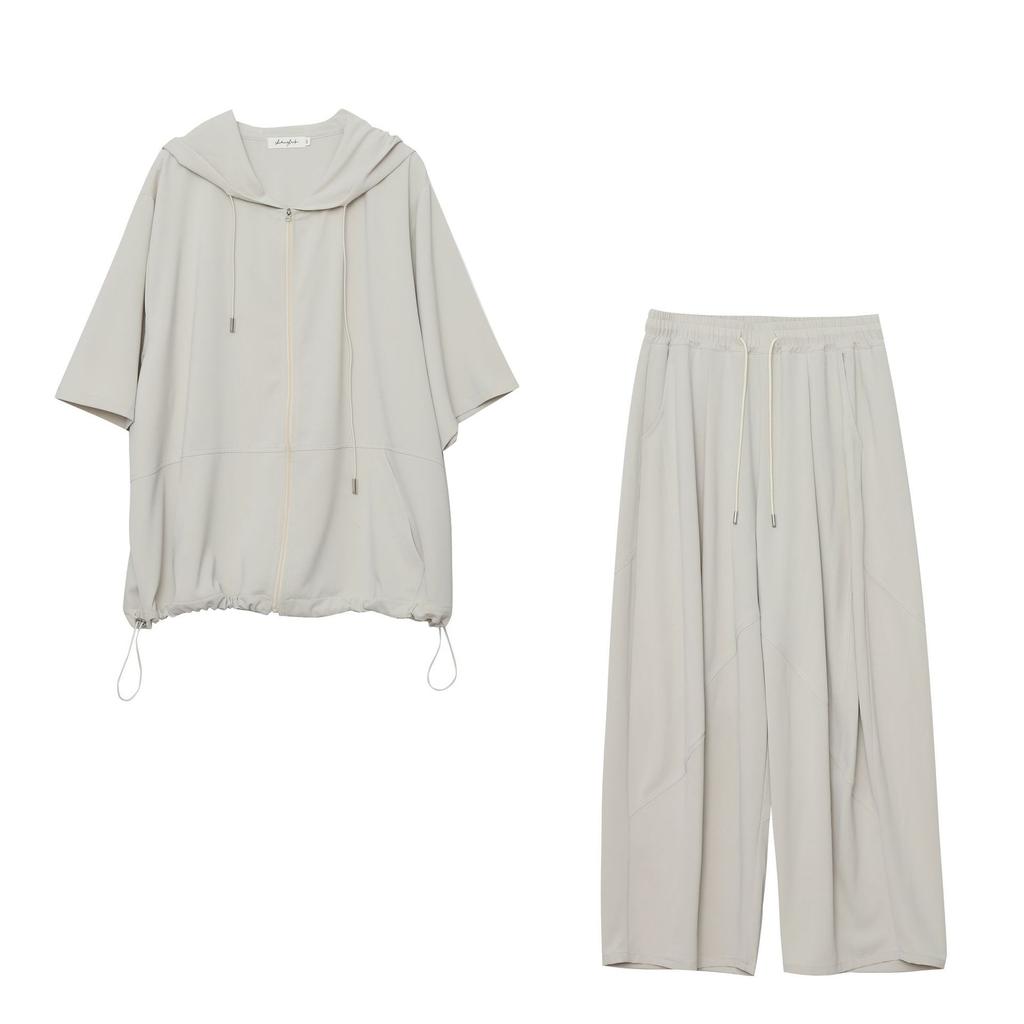 Women's Loose Two-Piece Pant Suit Short Sleeve Zip Up Hooded Jacket Wide Leg Pants Elegant Commuter Plus Size Matching Outfit Set