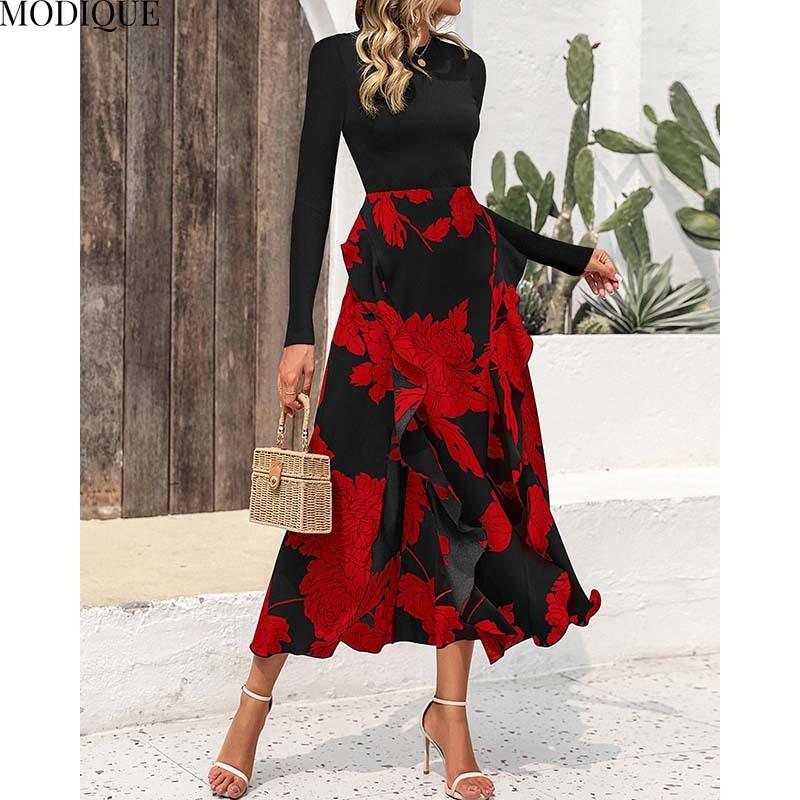 MODIQUE 2025 Spring New Women's Casual Vintage Floral Printing Patchwork Long Dress Ladies A-Line Long Sleeve O-Neck Dress