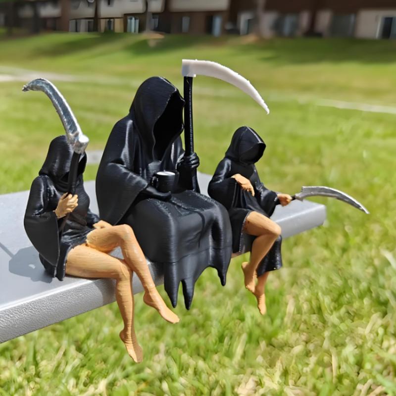 Gothic Death Sisters Figure Grim Reaper Bookshelf Sculpture 3D Printed Spooky Statues Holding Sickle Desktop Ornaments Halloween