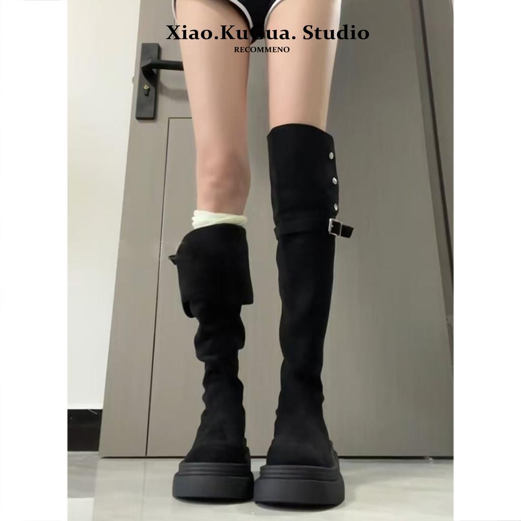 Thick-soled boots women's autumn four seasons but knee suede boots women's thin tall knight boots