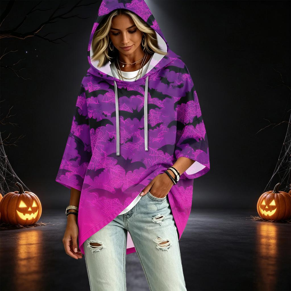 Women's Pullover Hoodie with Three-Quarter Sleeves, Halloween Print, Casual Top