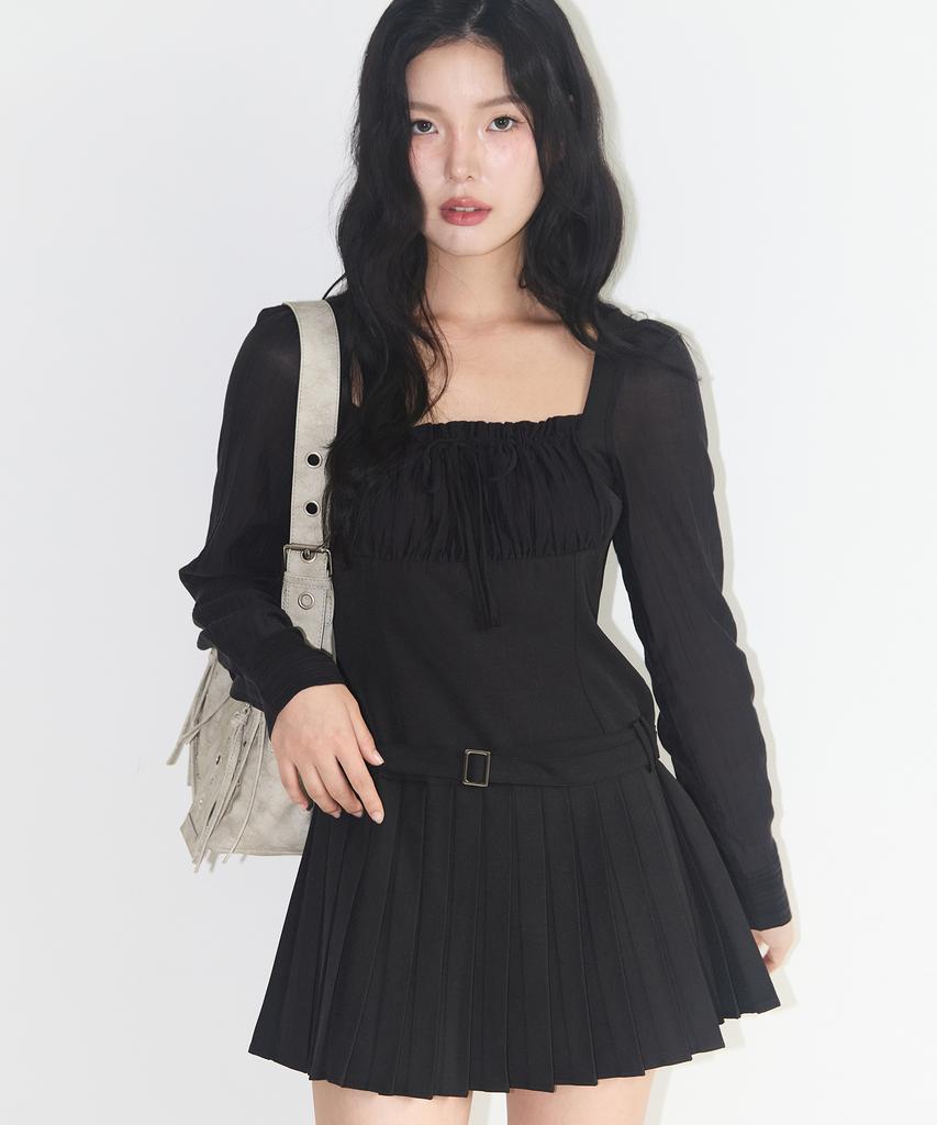 Iligo Preppy Ribbon Pleated Dress Black