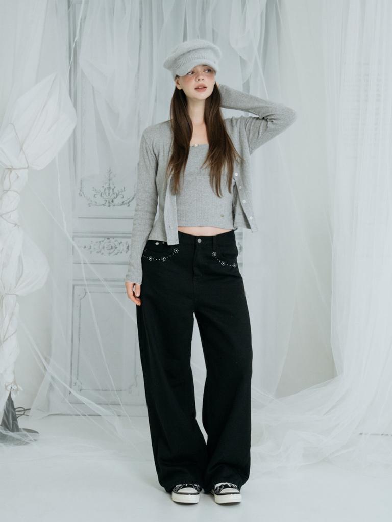 HHIPS Flower Stud Cotton Denim Pants (Black)