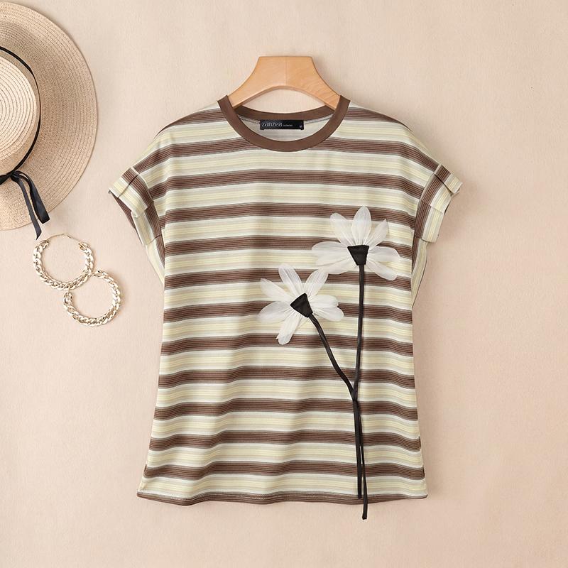 ZANZEA Women Casual Round Neck Loose Stripe Print Short Sleeve Blouse
