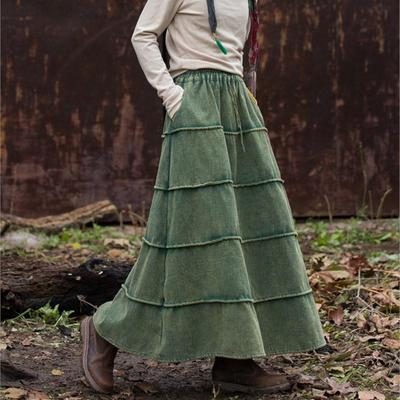 Jupe trapèze en peluche pour femmes, taille élastique vintage, en coton ramie, doux et chaud, patchwork d'hiver, jupes pour femmes
