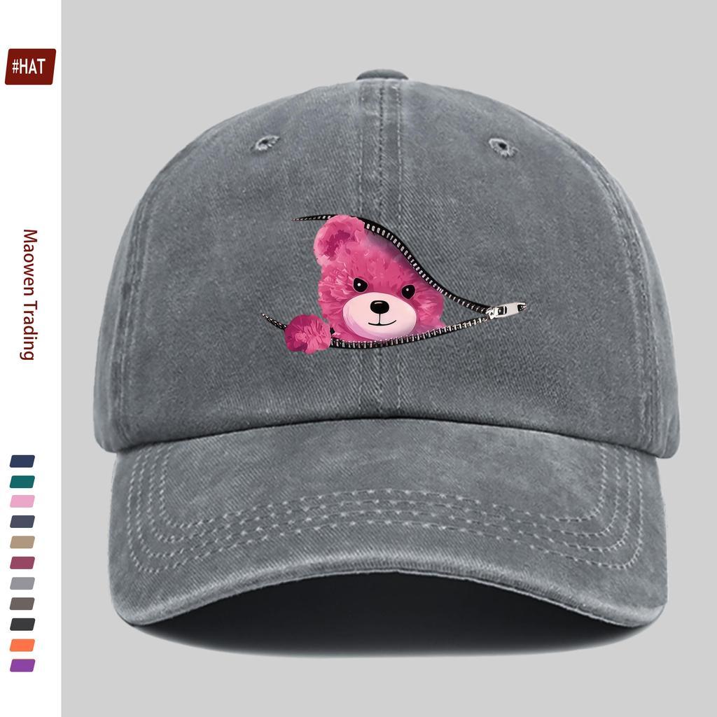 Pc Red Cartoon Teddy Bear Print Baseball Cap Home Leisure Decorative Hat Colorful Floral Print Papa Hat with Adjustable Buckl