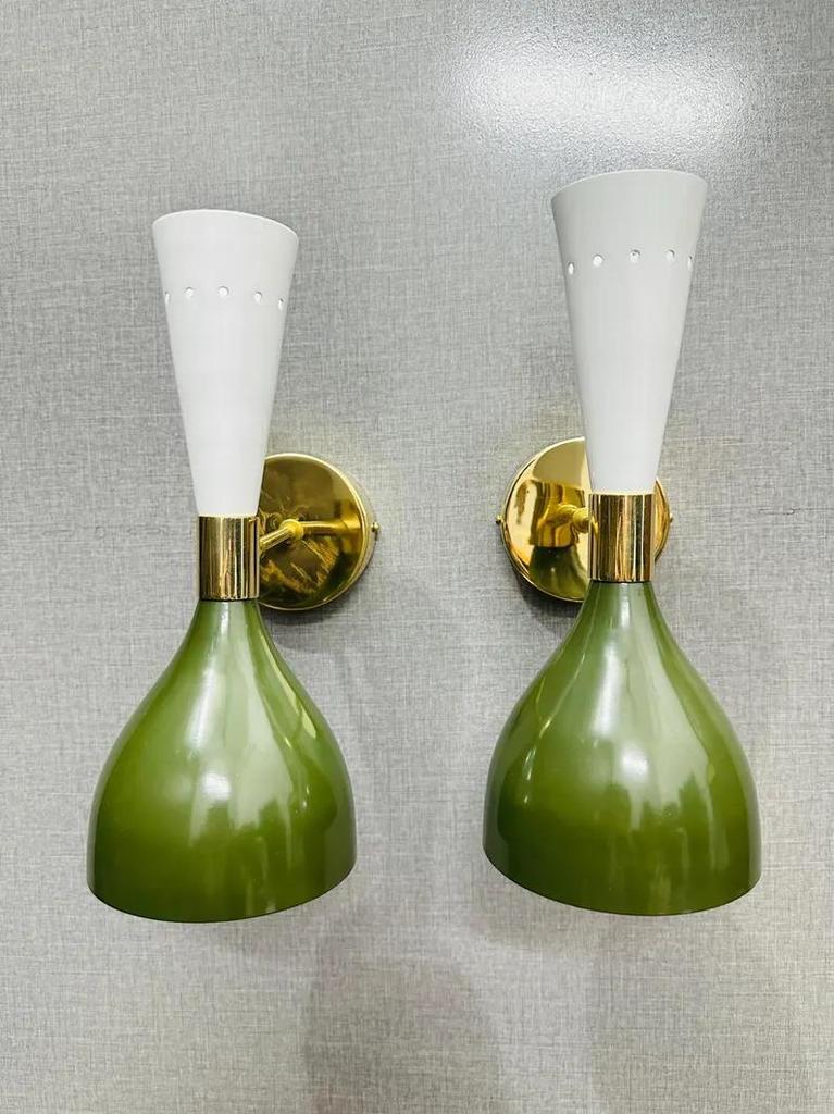 Handmade Brass Double Cone Sconces: Olive Green & White Vanity Lights
