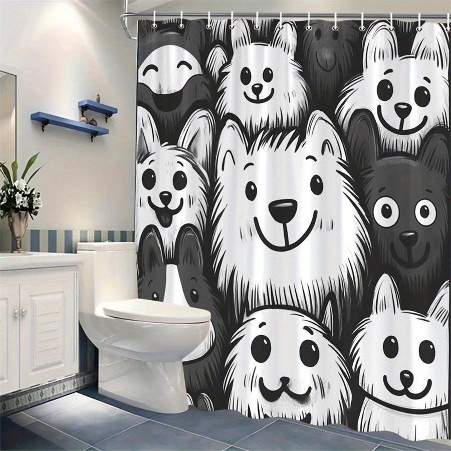 1 Whimsical Cartoon Dog Face Shower Curtain - Expressive Black And White Design, Polyester Fabric With Hooks, Machine Washable