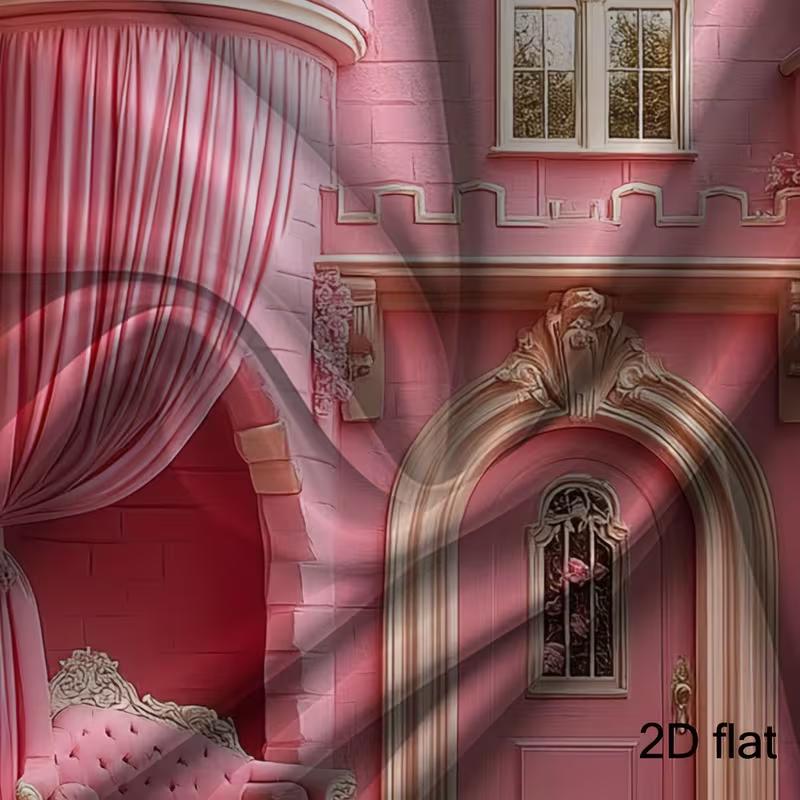 2D Fairy Tale Pink Castle Backdrop, Elegant Floral Princess Palace Background for Birthday & Studio