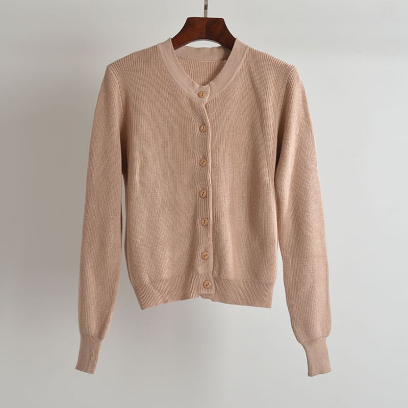 Fall New Arrival Pure Color round Neck Minimalist Single Breasted Knitting Cardigan Women's Clothes Loose Slim Looking Outer Long-Sleeves Outwear