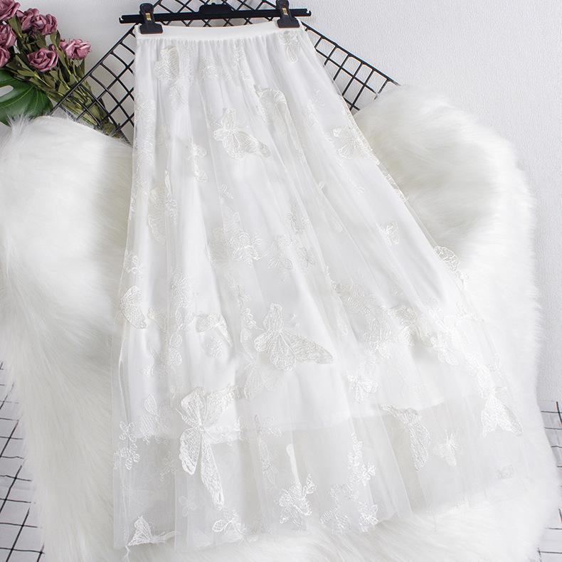 Autumn and Winter High Waist All-match Flower Stitching A-line Skirt Mesh Skirt Mid-length Long Skirts for Women Slim