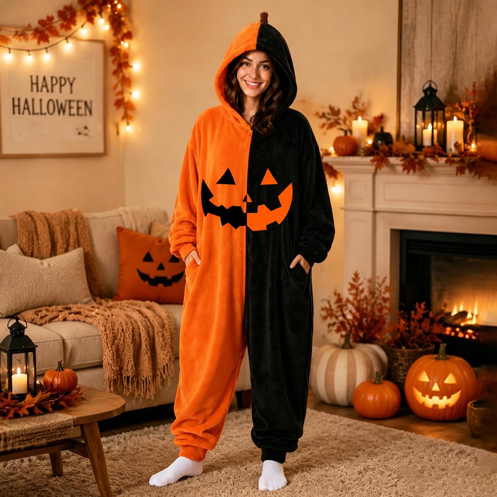 Damen Halloween Print Flanell Strampler Loungewear Set für gemütliches Entspannen