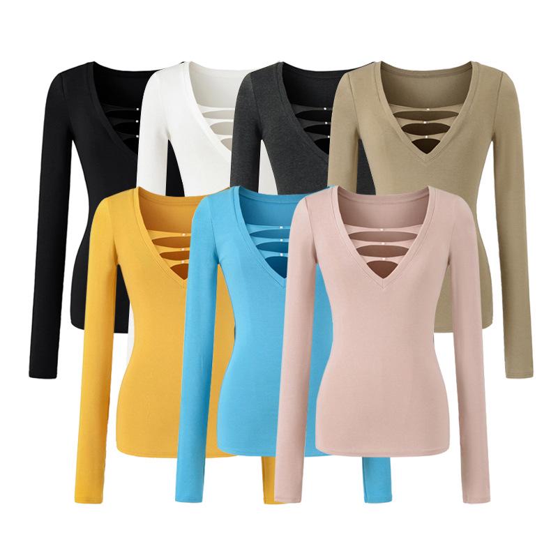 Spicy V-neck Pearl Hollow Long Sleeve Knit T-shirt - Women's Autumn Winter Slim Fit Base Layer