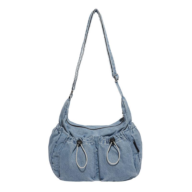 2025 Autumn New Denim Pleated Bag Large Capacity Student Messenger Bag Girls Texture Niche Shoulder Bag