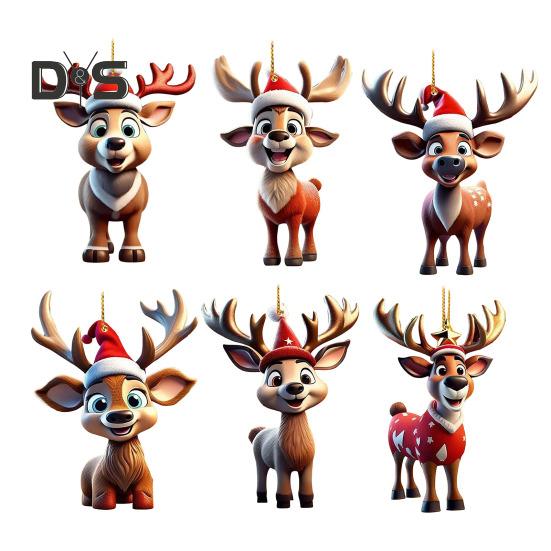 Christmas Deer Pendant Acrylic 2D Flat Reindeer Hanging Ornament Cartoon Santa Hat Reindeer Pendant for Home Xmas Tree Decor