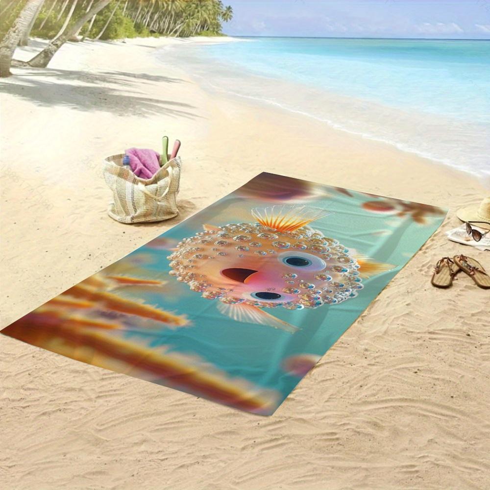 1pc Cute Pufferfish Beach Towel Cartoon Fish Print Ocean Animal Design Quick Dry Soft Microfiber Bath Towel For Kids Gift