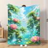 1pc Flannel Blanket Lotus And Waterfall View This Shawl/Blanket/Nap Blanket/Sofa Blanket Is Soft Comfortable And Warm Suitable for