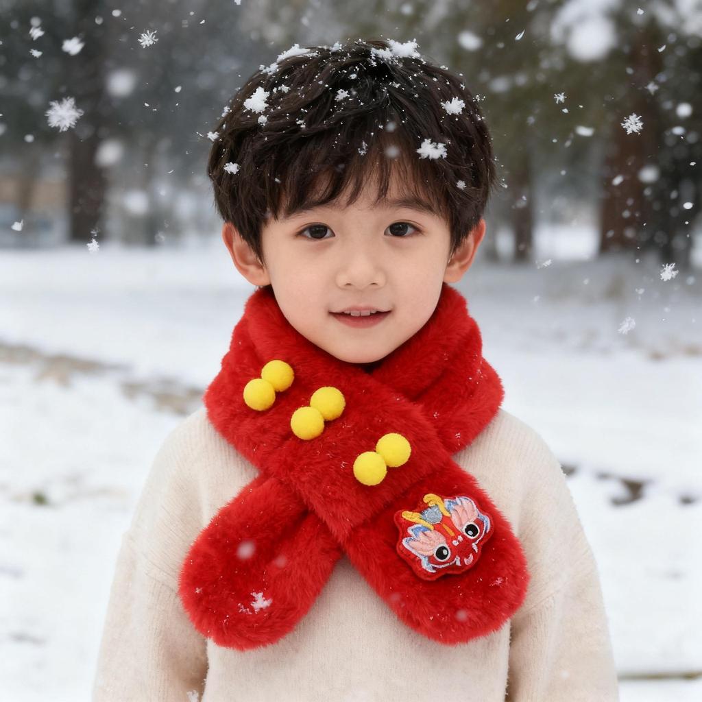 New Year Faux Rabbit Fur Children's Neck Gaiter - Thick, Warm, Cute, Unisex Scarf for Autumn and Winter