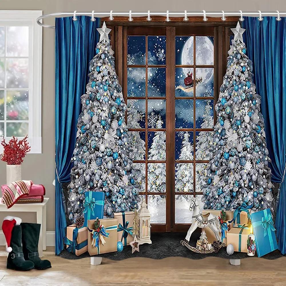 Christmas Backdrop Shower Curtain Holiday Gifts Fireplace Christmas Tree Garland Fabric Bath Curtains Bathroom Decor With Hooks