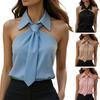 Women Shirt Lapel with Tie Off Shoulder Sleeveless Shirt Tops Pure Color Loose Fit