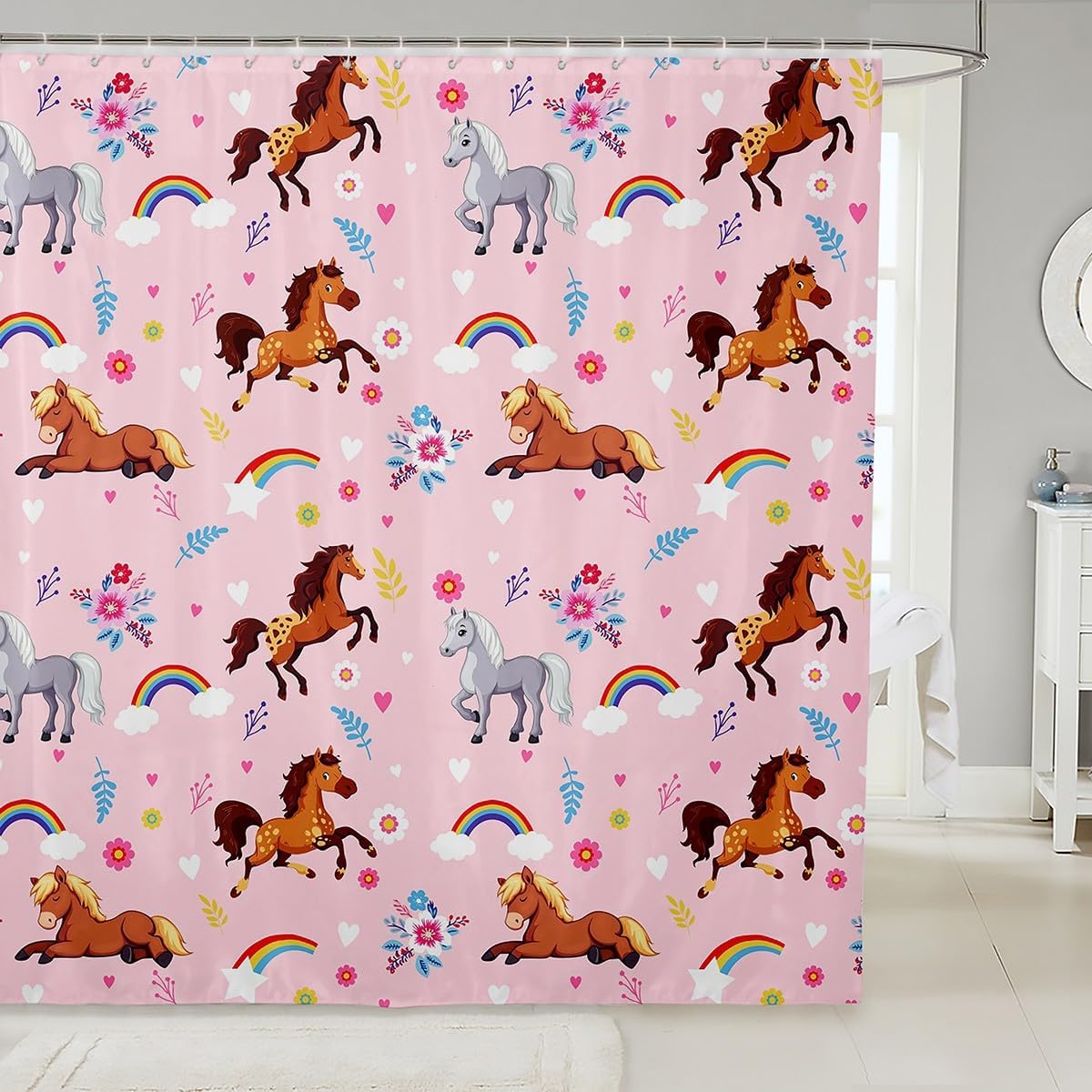 Cute Floral Cat Shower Curtain Cartoon Pet Animal Fabric Shower Curtain Colorful Kitten Flowers Bathroom Curtains Romantic 90x180CM