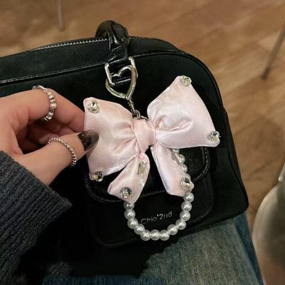 New Imitation Pearl String Bow Keychain Three-Dimensional Color Mobile Phone Bag Hanging Decoration Key Ring Wholesale