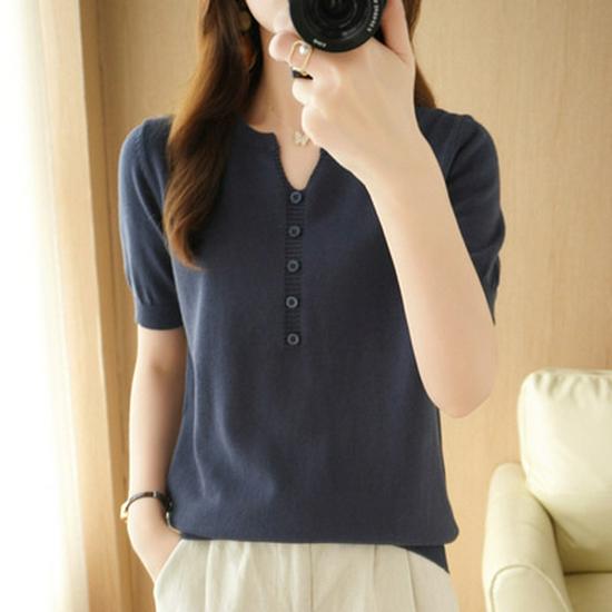 Women's Cotton Linen V-Neck Short Sleeve Button-Up Top
