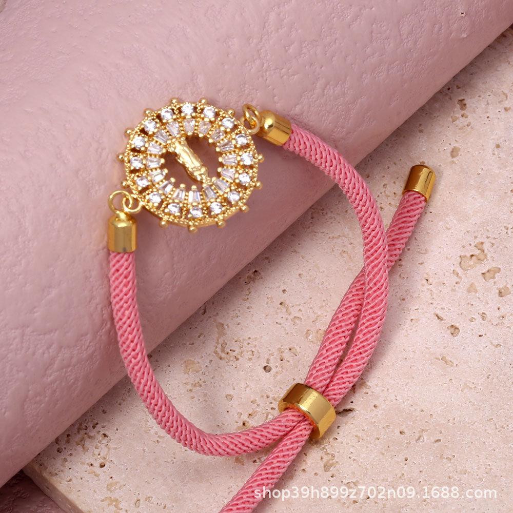 Gold-Plated Virgin Mary Zircon Bracelet with Adjustable Cotton Rope
