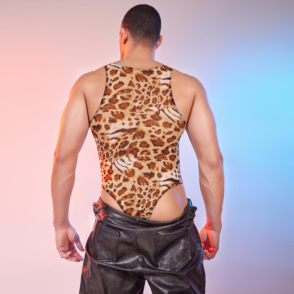 Sexy Men Leopard Sheer See Through High Cut Bodysuit Mesh Cosplay Maid Tights Yoga Elastic Shaping Open Crotch Leotard