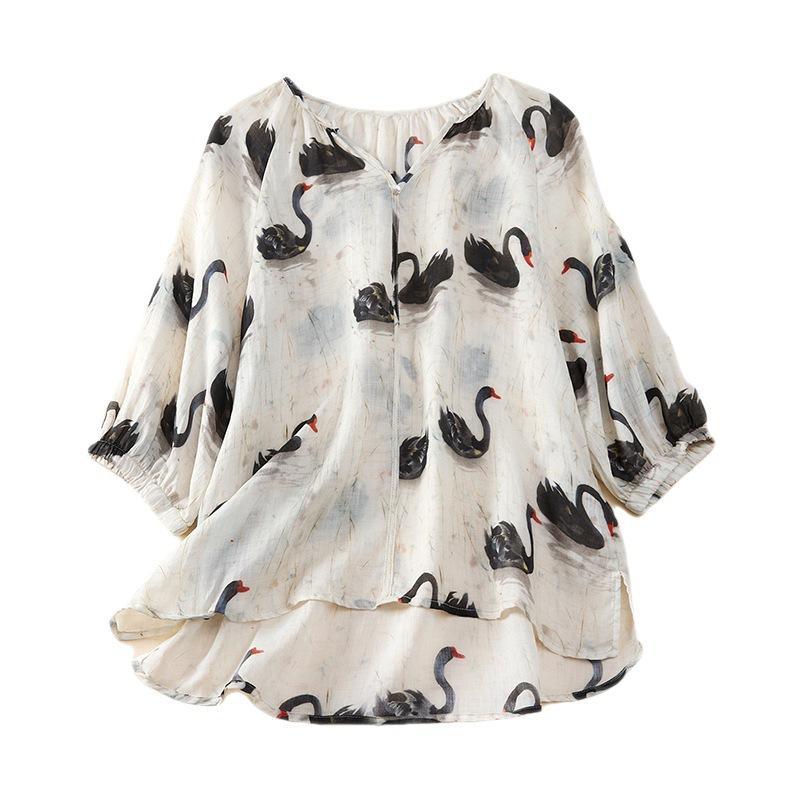 

Плюс размер новый летний стиль блузка повседневный узор рубашка льняная женская цветочная свободная рубашка белый 3XL белый